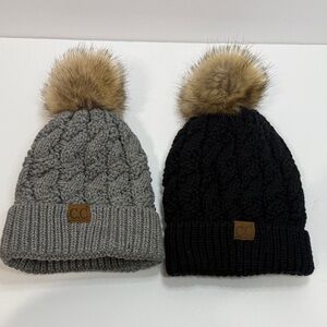 C.C Women's Knit Beanie Duo - Gray and Black with Faux Fur Pom